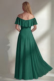 Burgundy A Line Off the Shoulder Long Bridesmaid Dress with Ruffles