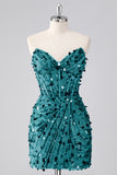 Sparkly Fuchsia Strapless Tight Short Sequins Corset Homecoming Dress with Beading