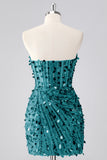 Sparkly Fuchsia Strapless Tight Short Sequins Corset Homecoming Dress with Beading
