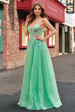 A Line Sparkly Light Green Spaghetti Straps Corset Tulle Prom Dress with Slit