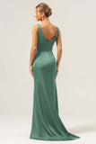 Dark Green Sheath V Neck Ruched High-Low Bridesmaid Dress with Slit