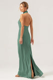 Champagne Sheath Halter Long Bridesmaid Dress With Slit