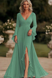 Dark Grey Mermaid Wrap Long Sleeves Ruffled Chiffon Long Mother of the Bride Dress