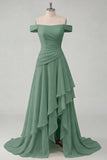 Off the Shoulder Chiffon Butter Yellow A-Line Ruched Maxi Dress with Slit