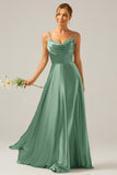 Dusty Sage A Line Cowl Neck Satin Long Bridesmaid Dress with Pleated