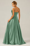 Dusty Sage A Line Cowl Neck Satin Long Bridesmaid Dress with Pleated