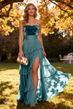 Khaki Sweetheart Tiered Ruffled A-Line Chiffon Maxi Dress with Slit