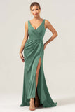 Dark Green Sheath V Neck Ruched High-Low Bridesmaid Dress with Slit