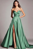 Dusty Sage Strapless A Line Ruched Satin Long Prom Dress with Slit