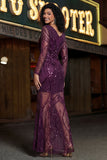 Purple V-Neck Sheath Sequin Long Sleeve Prom Dress