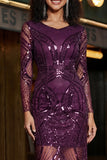 Purple V-Neck Sheath Sequin Long Sleeve Prom Dress