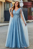 Sparkly Blue V-Neck A Line Prom Dress with Cape Sleeves