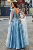 Sparkly Blue V-Neck A Line Prom Dress with Cape Sleeves