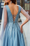 Sparkly Blue V-Neck A Line Prom Dress with Cape Sleeves