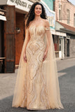 Off the Shoulder Mermaid Champagne Sequin Long Prom Dress with Cape Sleeves