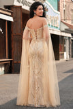Off the Shoulder Mermaid Champagne Sequin Long Prom Dress with Cape Sleeves