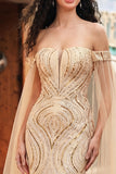 Off the Shoulder Mermaid Champagne Sequin Long Prom Dress with Cape Sleeves