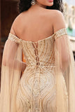 Off the Shoulder Mermaid Champagne Sequin Long Prom Dress with Cape Sleeves