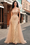 Champagne Off the Shoulder Sequin Mermaid Long Prom Dress