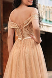 Champagne Off the Shoulder Sequin Mermaid Long Prom Dress