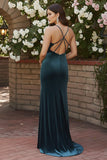Black Mermaid Velvet Spaghetti Straps Long Holiday Dress with Slit