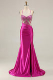 Pink Beaded Mermaid Spaghetti Straps Corset Ruched Long Prom Dress with Slit