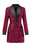 Sparkly Burgundy Bodycon Maxi Women's Blazer with Sequins