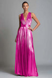 Gold A-Line V-Neck Metallic Long Formal Dress