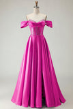 Off The Shoulder A Line Beaded Satin Purple Long Prom Dress with Slit