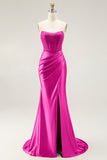 Mermaid Corset Beaded Strapless Blush Long Prom Dress With Slit