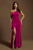 Dark Green One Shoulder Mermaid Holiday Party Dress With Slit