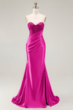 Strapless Beaded Mermaid Red Long Prom Dress with Slit