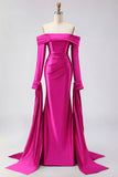 Dark Green Off The Shoulder Ruched Satin Mermaid Long Prom Dress with Long Sleeves
