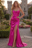 Burgundy Mermaid Spaghetti Straps Ruched Long Prom Dress with Slit
