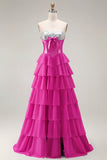 Pink Strapless A-Line Tiered Corset Sequin Long Prom Dress with Slit