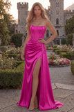 Strapless Burgundy Mermaid Corset Long Satin Prom Dress with Slit