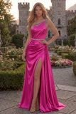 Burgundy One Shoulder A Line Beaded Satin Long Prom Dress with Slit