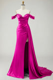 Golden Mermaid Off the Shoulder Beaded Pleated Satin Long Prom Dress with Slit