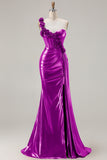 Metallic Burgundy One Shoulder Mermaid Side Slit Long Prom Dress with 3D Flowers