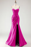 Sweetheart Burgundy Mermaid Beaded Corset Plus Size Long Prom Dress with Slit