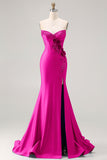 Royal Blue Strapless Mermaid 3D Flowers Beaded Long Prom Dress with Slit