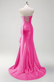 Pink Strapless Corset Mermaid Plus Size Long Prom Dress with Ruffle Slit