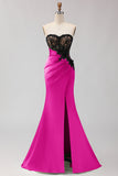 Strapless Mermaid Black Green Appliqued Lace Long Prom Dress with Slit