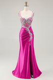 Blush Mermaid Corset Sequin Long Prom Dress with Ruffled Slit