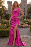 Burgundy Cowl Neck Mermaid Satin Long Prom Dress with Slit