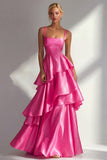 Blush A-Line Spaghetti Straps Long Prom Dress with Ruffles