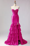 Red Mermaid Sweetheart Beaded Corset Ruffled Long Prom Dress with Slit