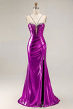 Metallic Golden Mermaid Beaded Corset Keyhole Long Prom Dress With Slit