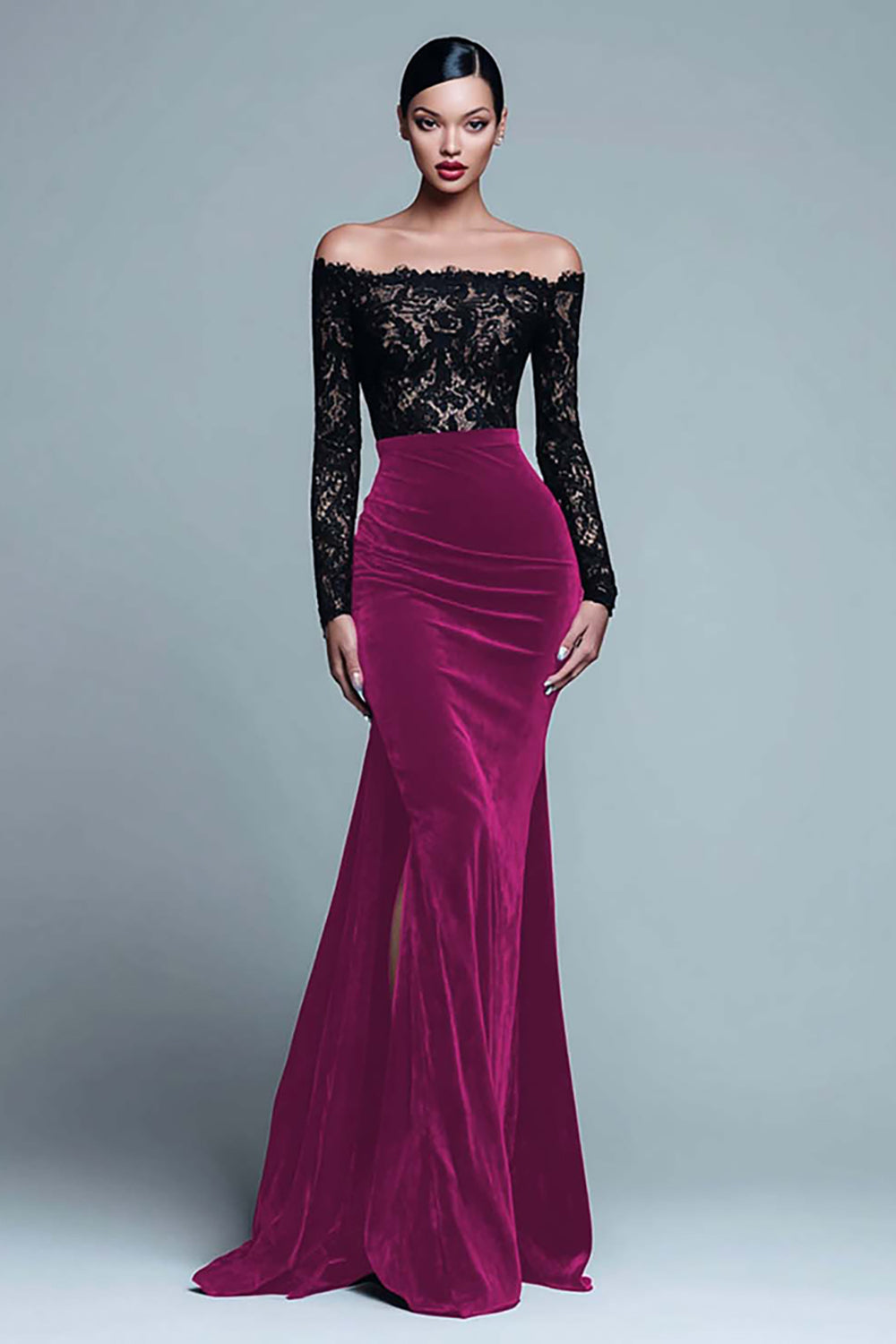 Zapaka Women Black and Burgundy Long Formal Dress with Lace Velvet Off the Shoulder Long Sleeves Holiday Party Dress with Slit, Fuchsia / US22W Zapaka Women Black and Burgundy Long Formal Dress with Lace Velvet Off the Shoulder Long Sleeves Holiday Party Dress with Slit, Fuchsia / US22W