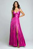 Sliver A Line Metallic Pleated Formal Dress With Slit